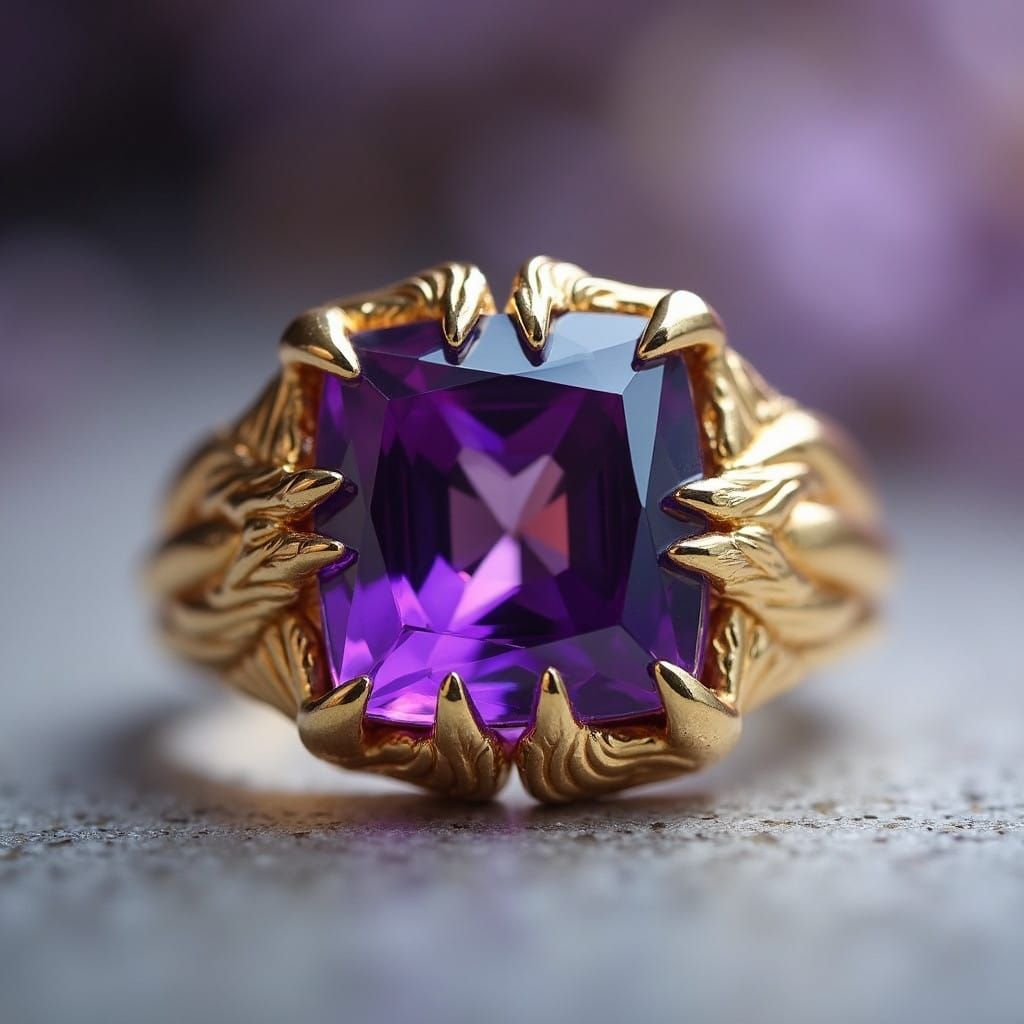 Luxurious Gold Men's Ring with Amethyst and Intricate Wings