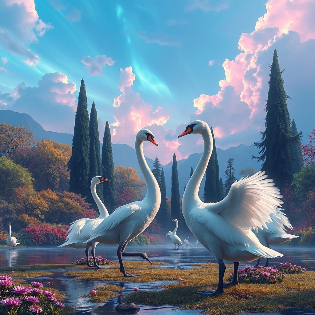 Ethereal Ballet Swans in Enchanted Landscape