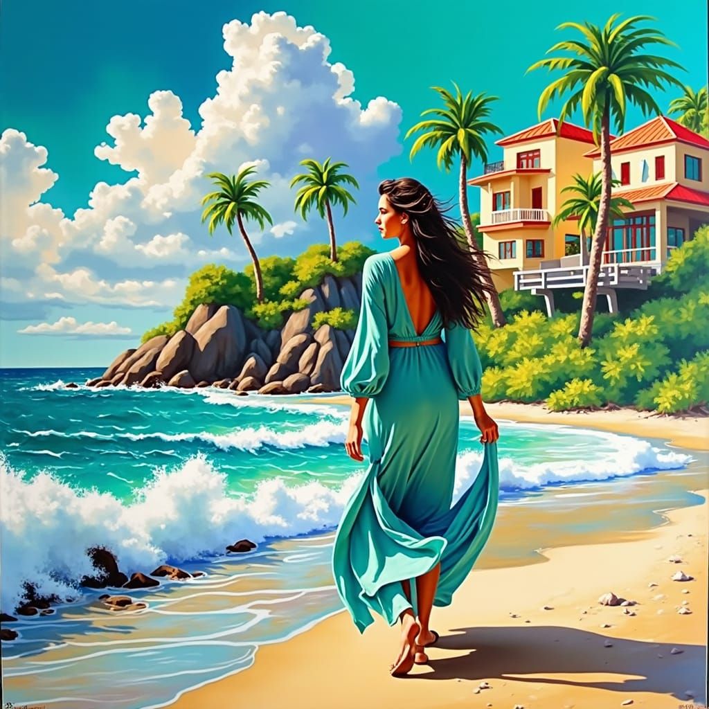 Woman Walks on Tropical Beach Paradise