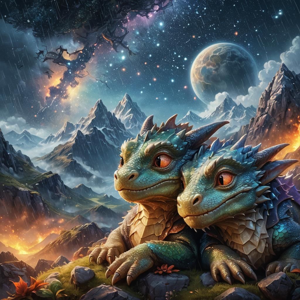 Cozy Dragons Sleeping Under a Cosmic Sky