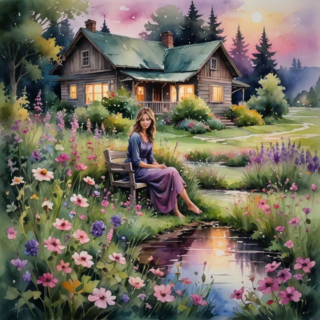 Twilight Garden Meditation in Wet Wash Watercolor