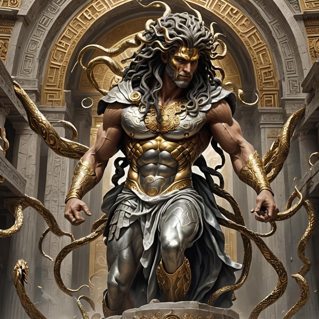 Muscular Medusa Man in Golden Greek Temple
