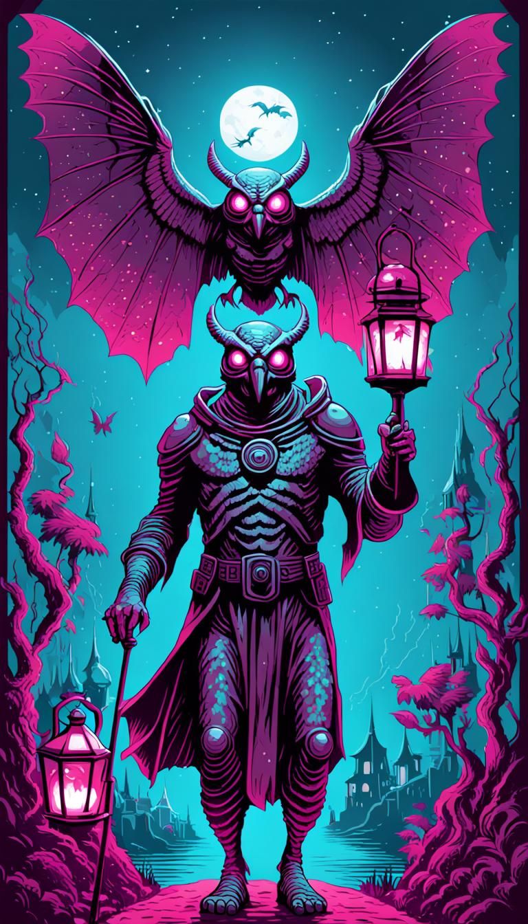 Isometric Mothman Cryptid with Lantern Illustration