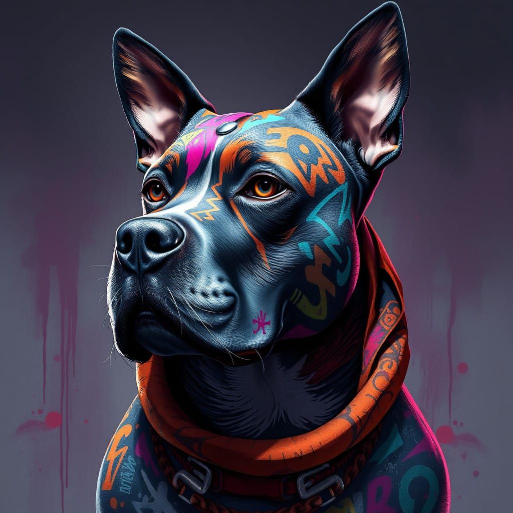 Vibrant Graffiti-Adorned Canine in Concept Art Style
