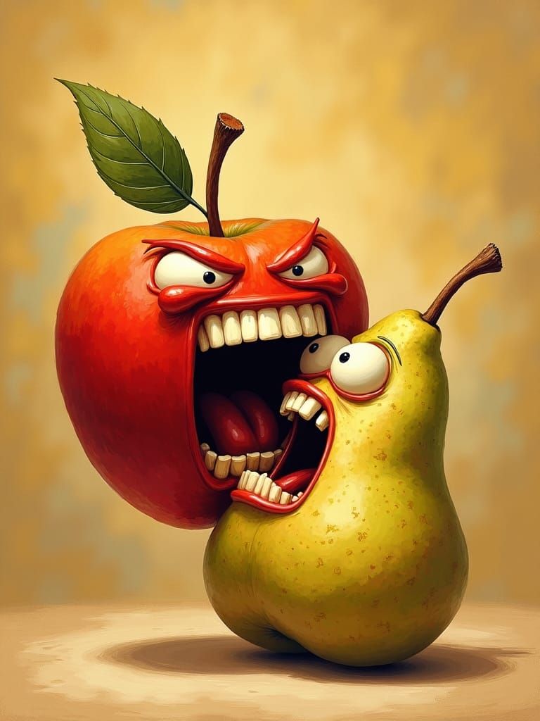 Apple Eating a Screaming Pear in Pop Surrealist Style