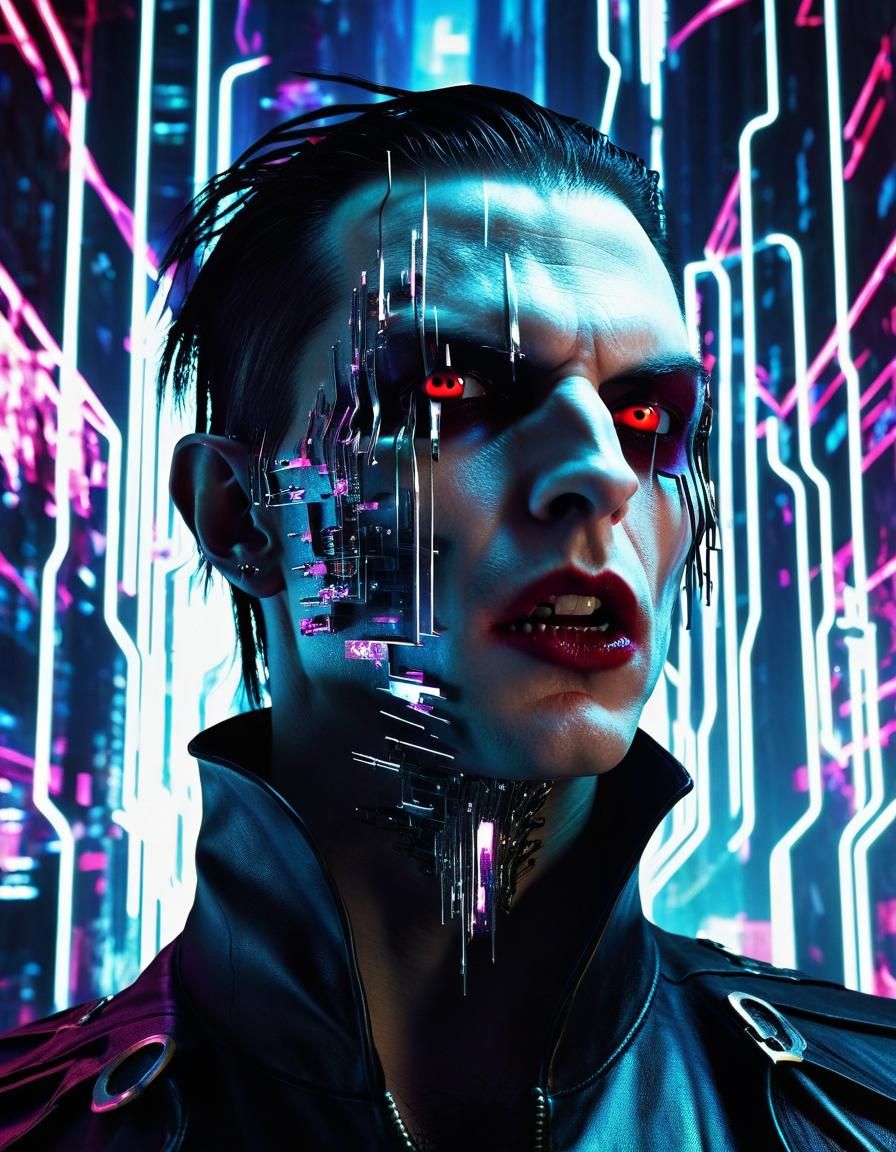 Cyberpunk Vampire Portrait Engulfed in Digital Glitches