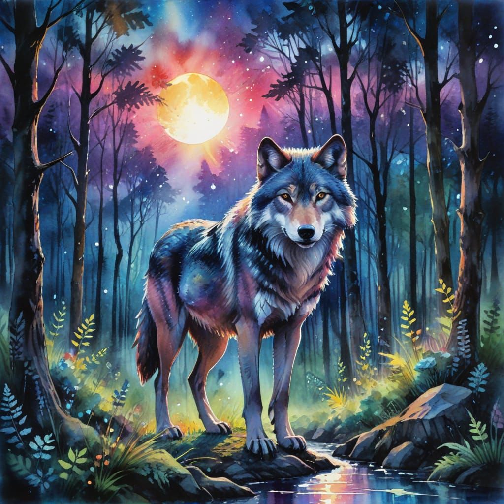 Wolf on Enchanted Trail in Fluid Watercolor