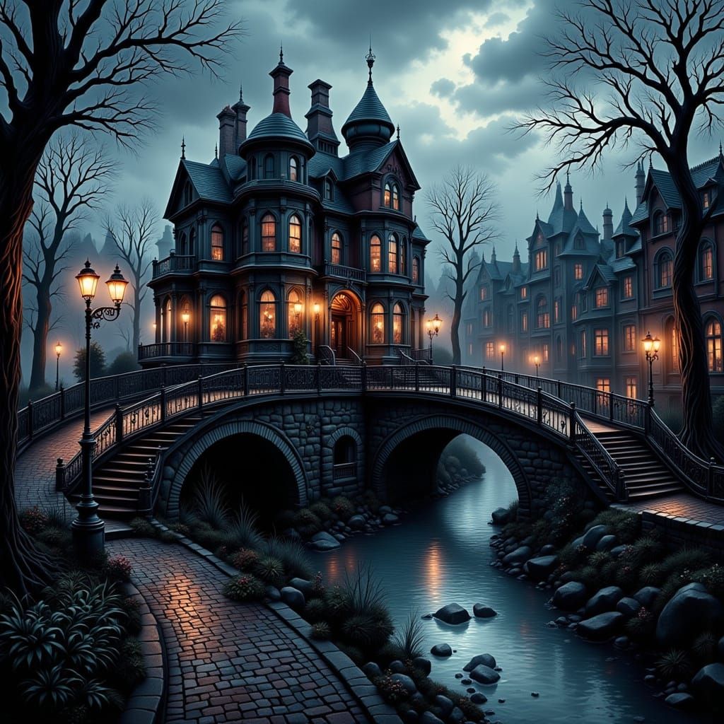 Victorian Manor in Rainy Cyberpunk Cityscape