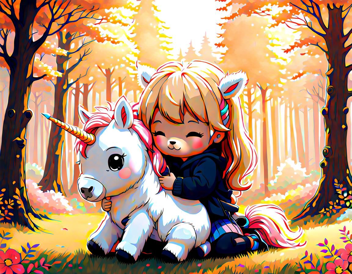 Toddler and Unicorn in Enchanted Forest Sketch
