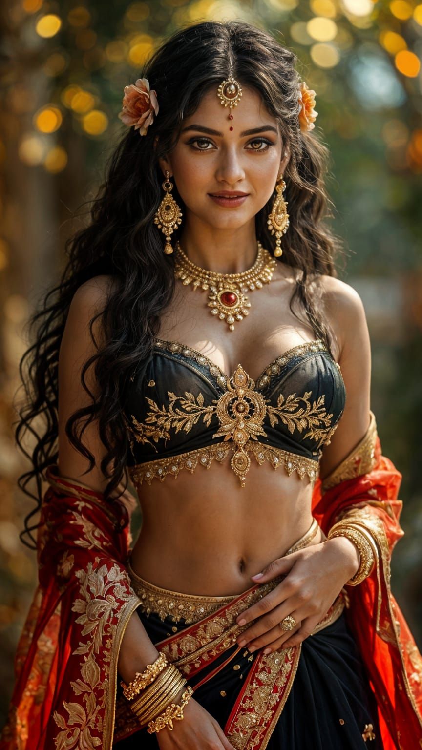 Celestial Goddess Menaka with Gold Skin in Dark Fantasy
