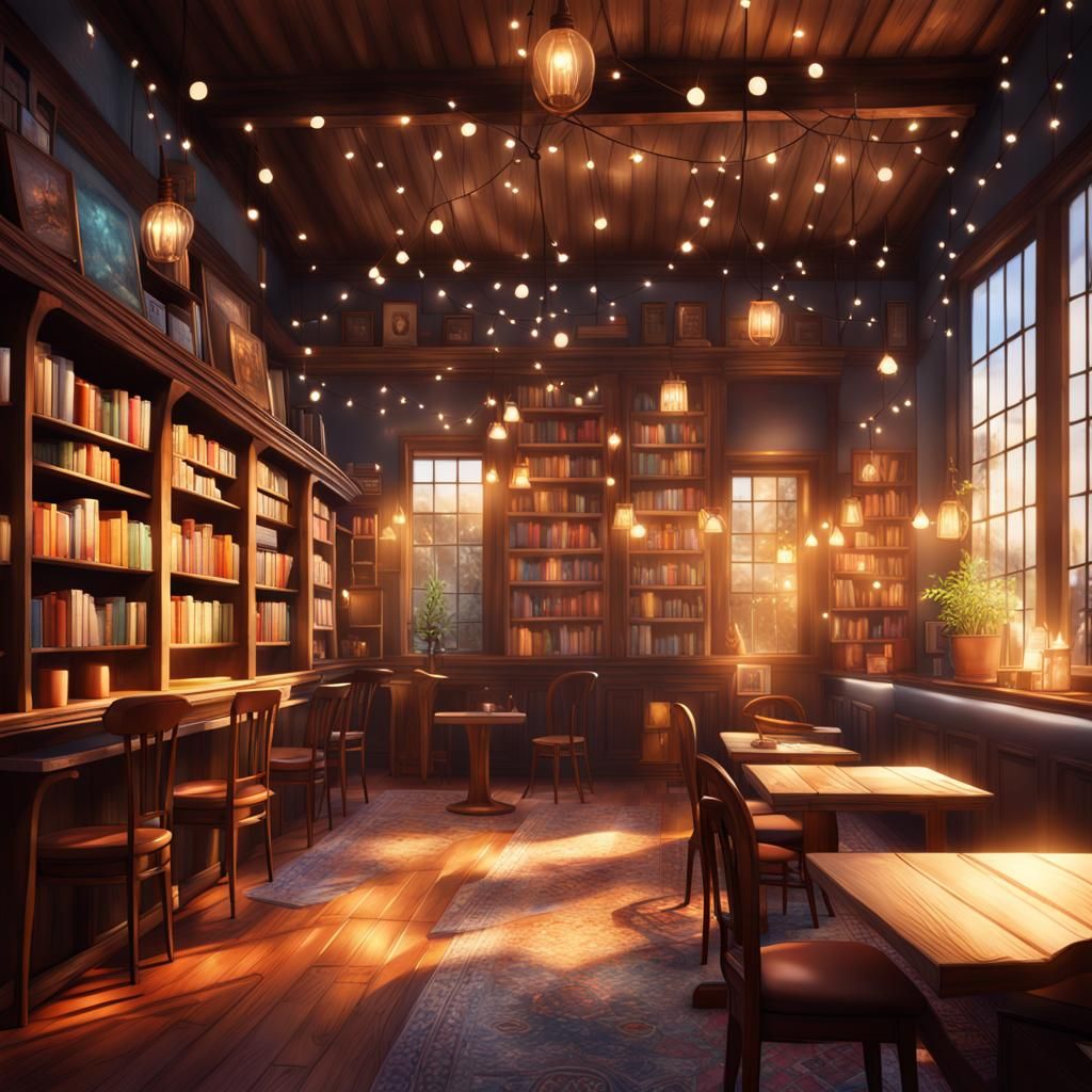 Cozy Library Cafe Interior with Fairy Lights