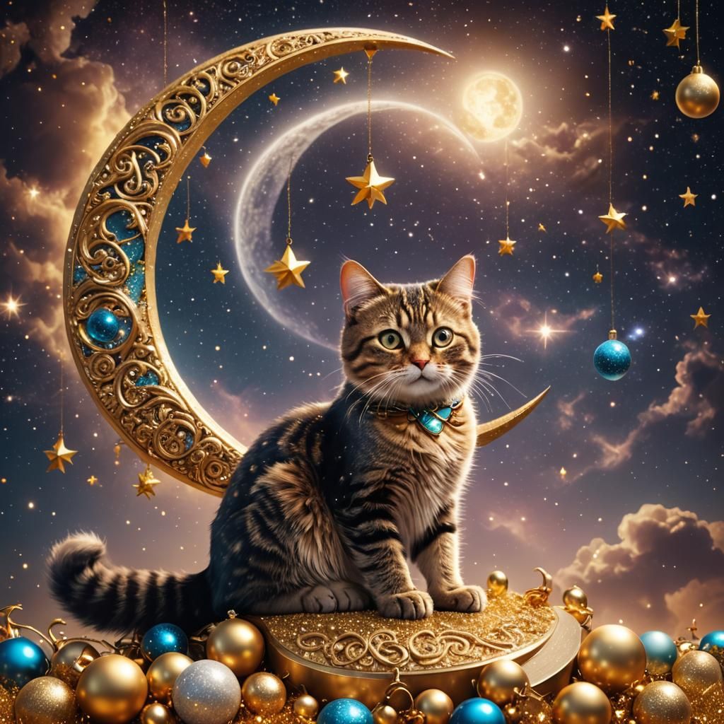 Cat on Glittering Moon in Cosmic Galaxy