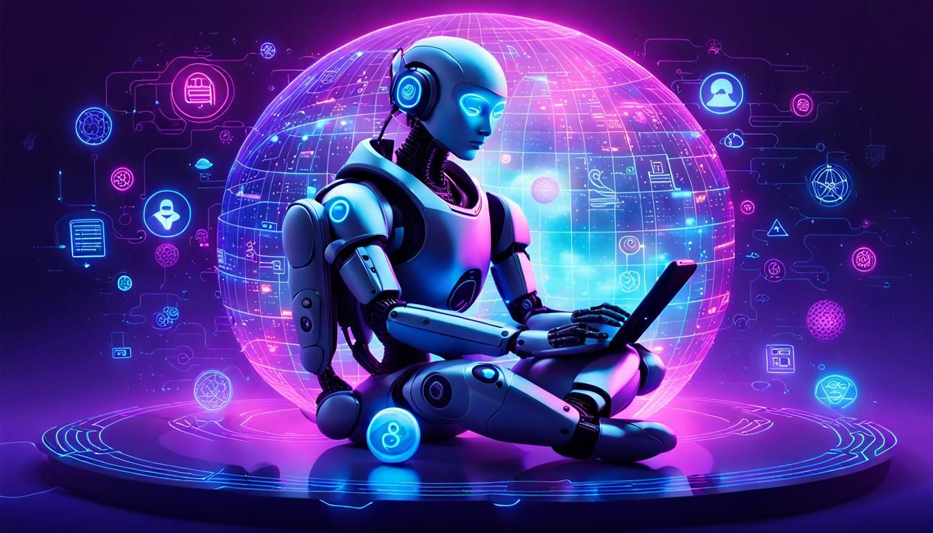 Futuristic Robot Gazing into Holographic Globe