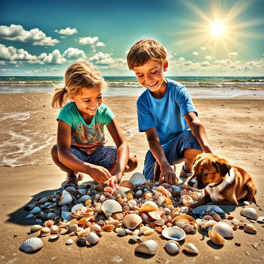 Happy Children Collect Shells on Sunny Beach