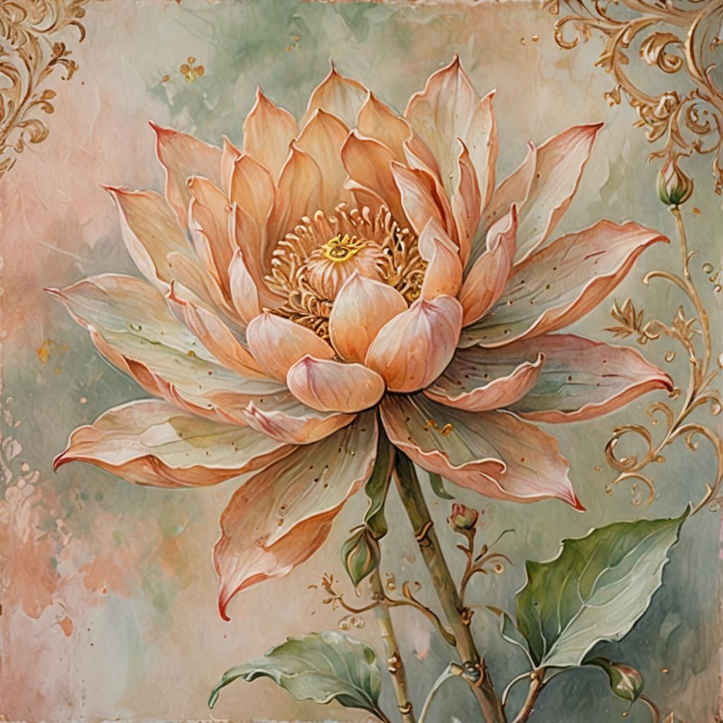 A painting of a faded peach  flower with pointed petals deco...