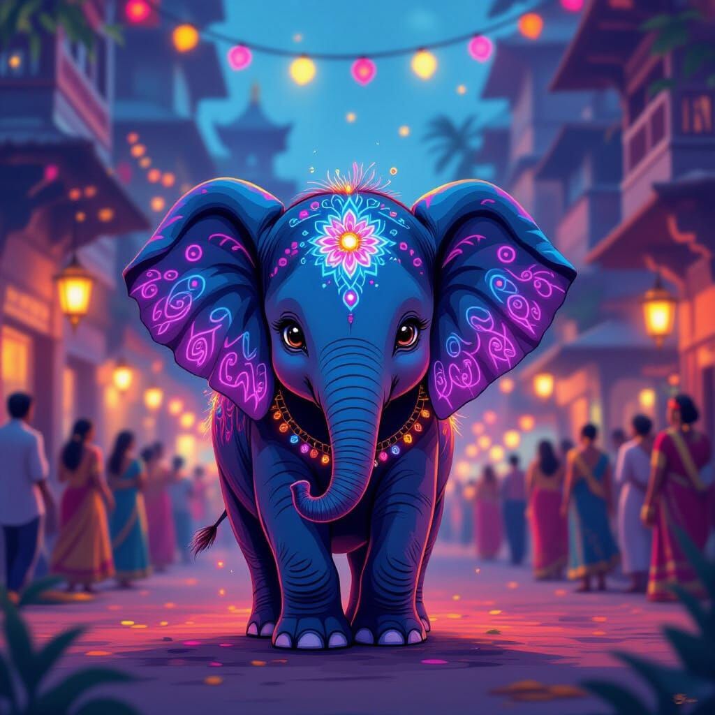 Whimsical Baby Elephant at Indian Festival with Neon Pattern...