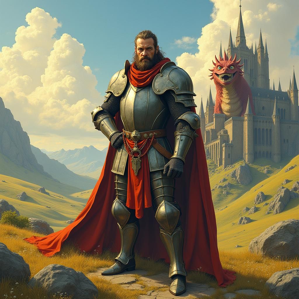 Heroic Knight and Goofy Dragon in Fantasy World