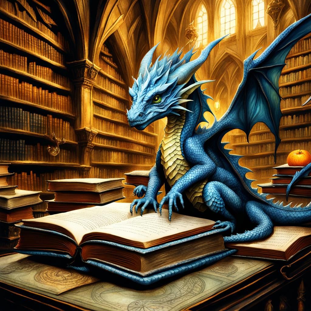 Baby Dragon Reading in Magical Library, Fantasy Art