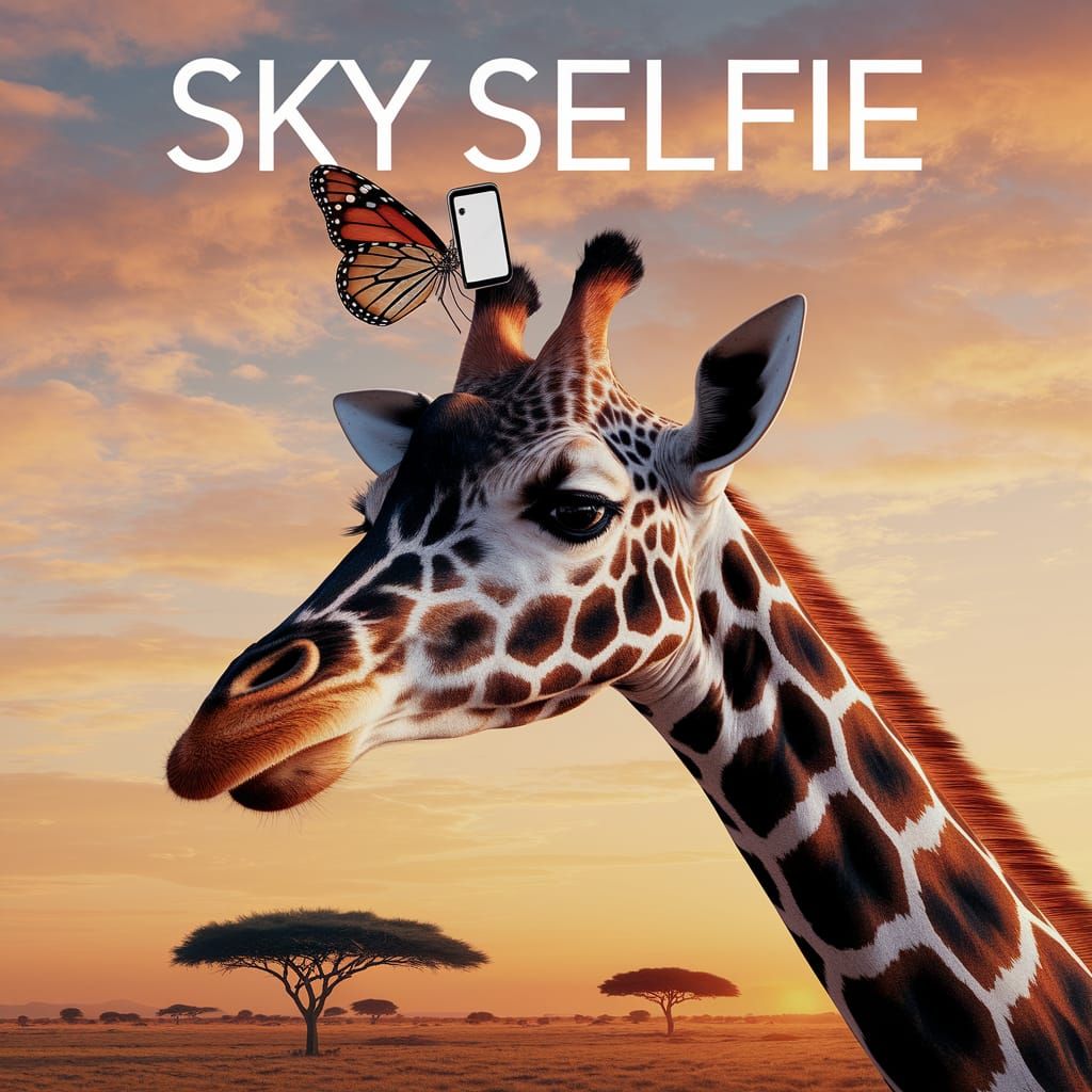 Giraffe's Sunset Selfie with Butterfly in CGI