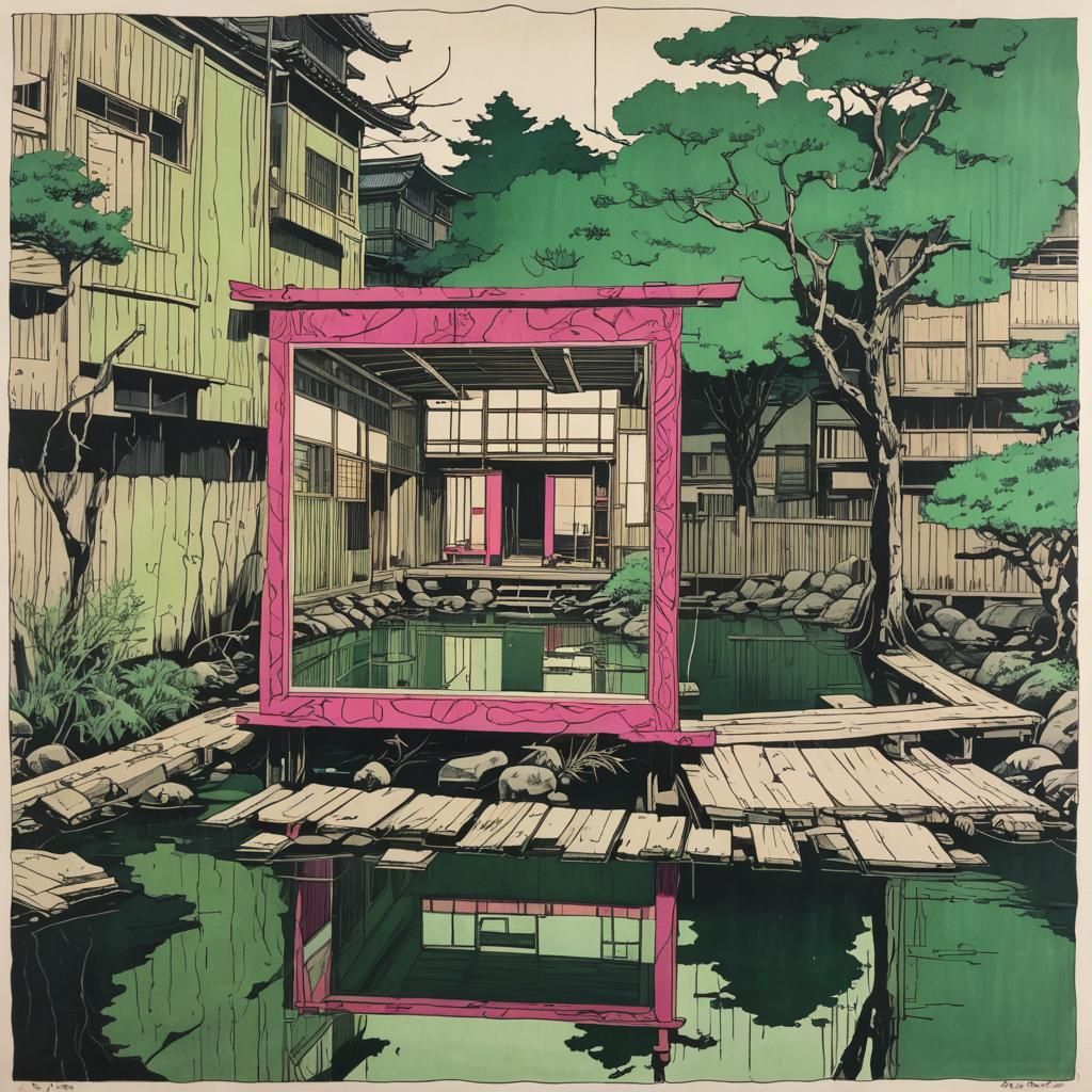 Surreal River Reflection: Ukiyo-e Geometric Landscape