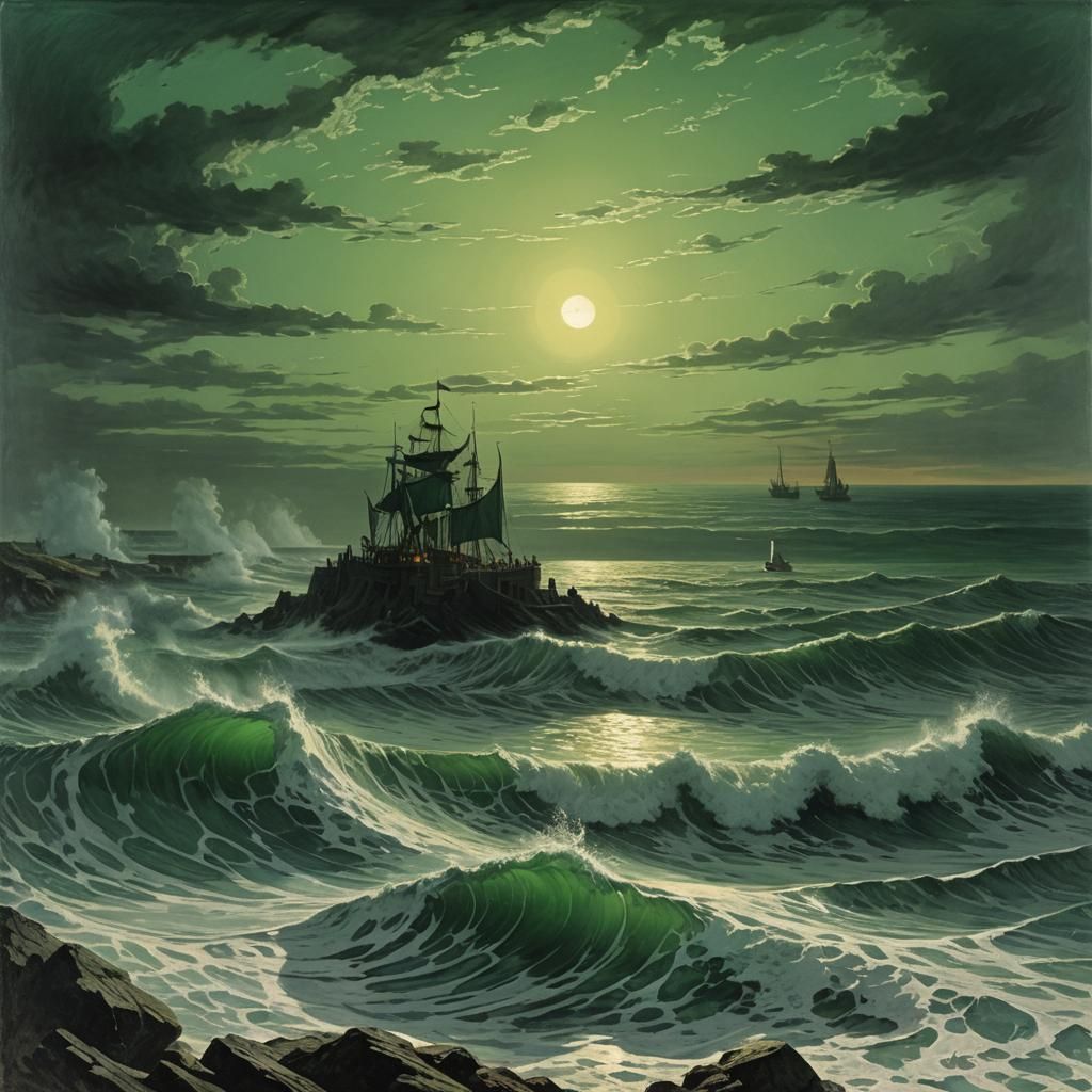 Green Sun Rising Over the Sea in Gothic Horror Style