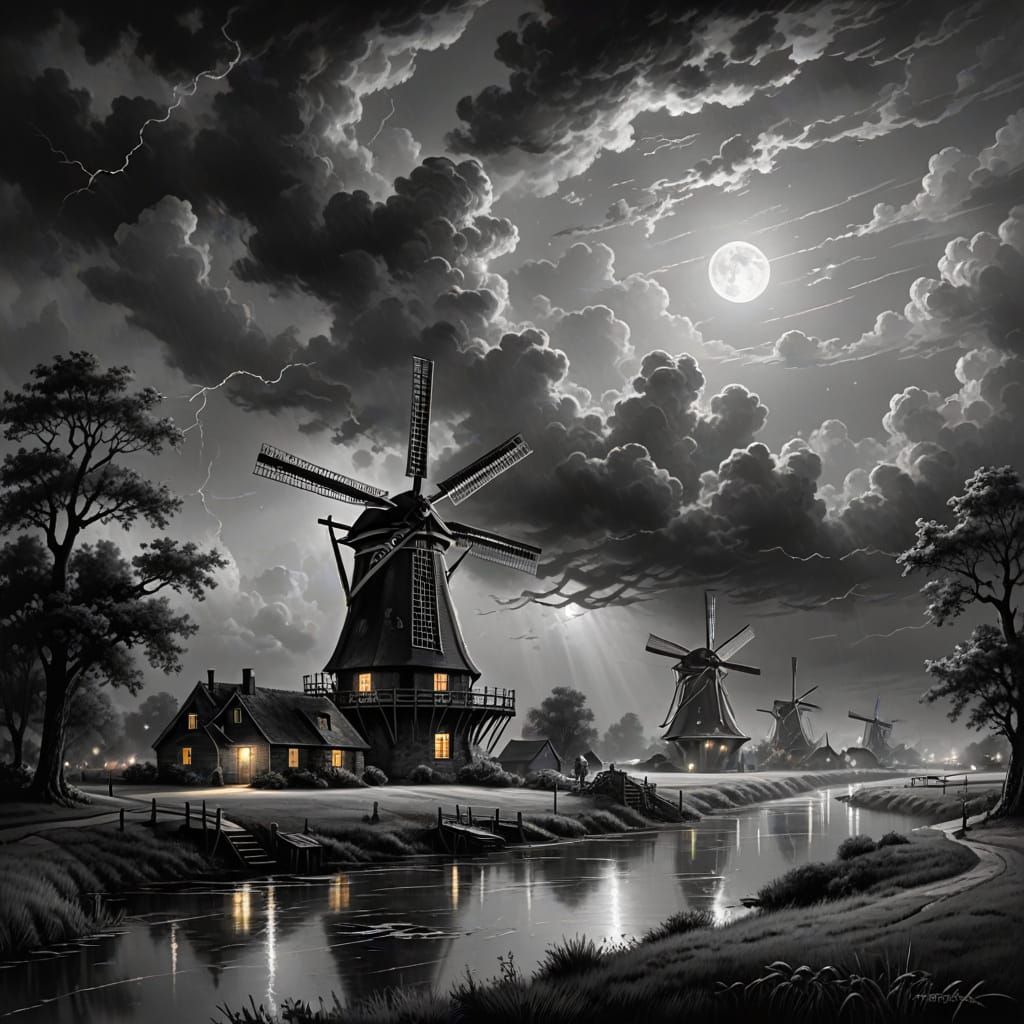 Ethereal Fantasy Moonlit Dutch Windmills in Misty Night
