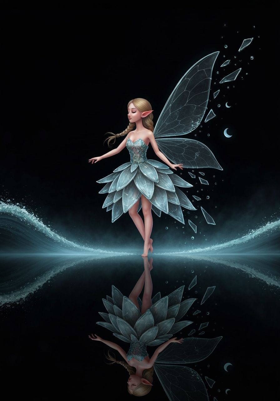 Tiny Fairy Dancing on Reflective Surface in Glass Dress