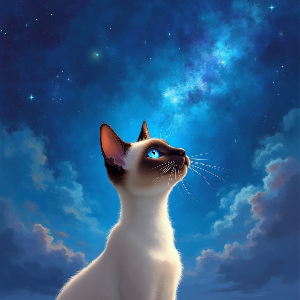 Whimsical Siamese Cat in a Celestial Night Sky