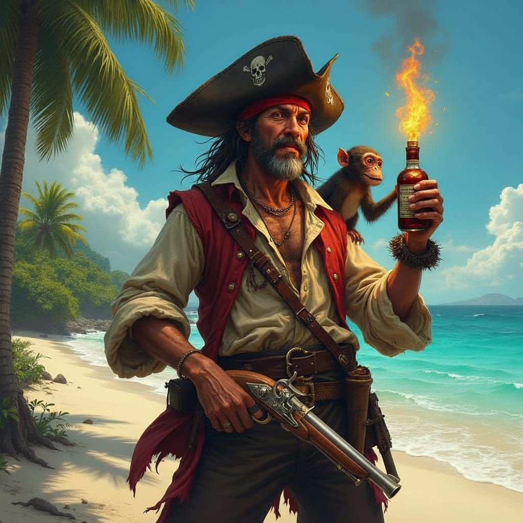 Drunken Pirate Celebrates on Tropical Beach
