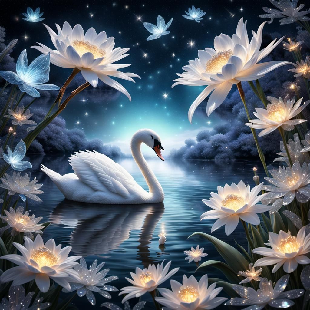 Ethereal Crystal Swan in Magical Nightscape