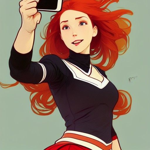 Redhead Cheerleader Selfie in Art Nouveau Style