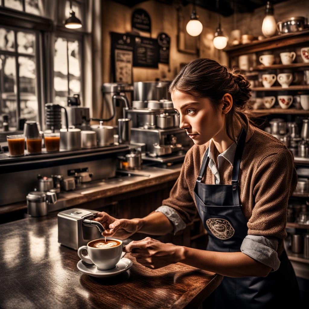 Heart-Shaped Espresso Served by Barista in Cafe