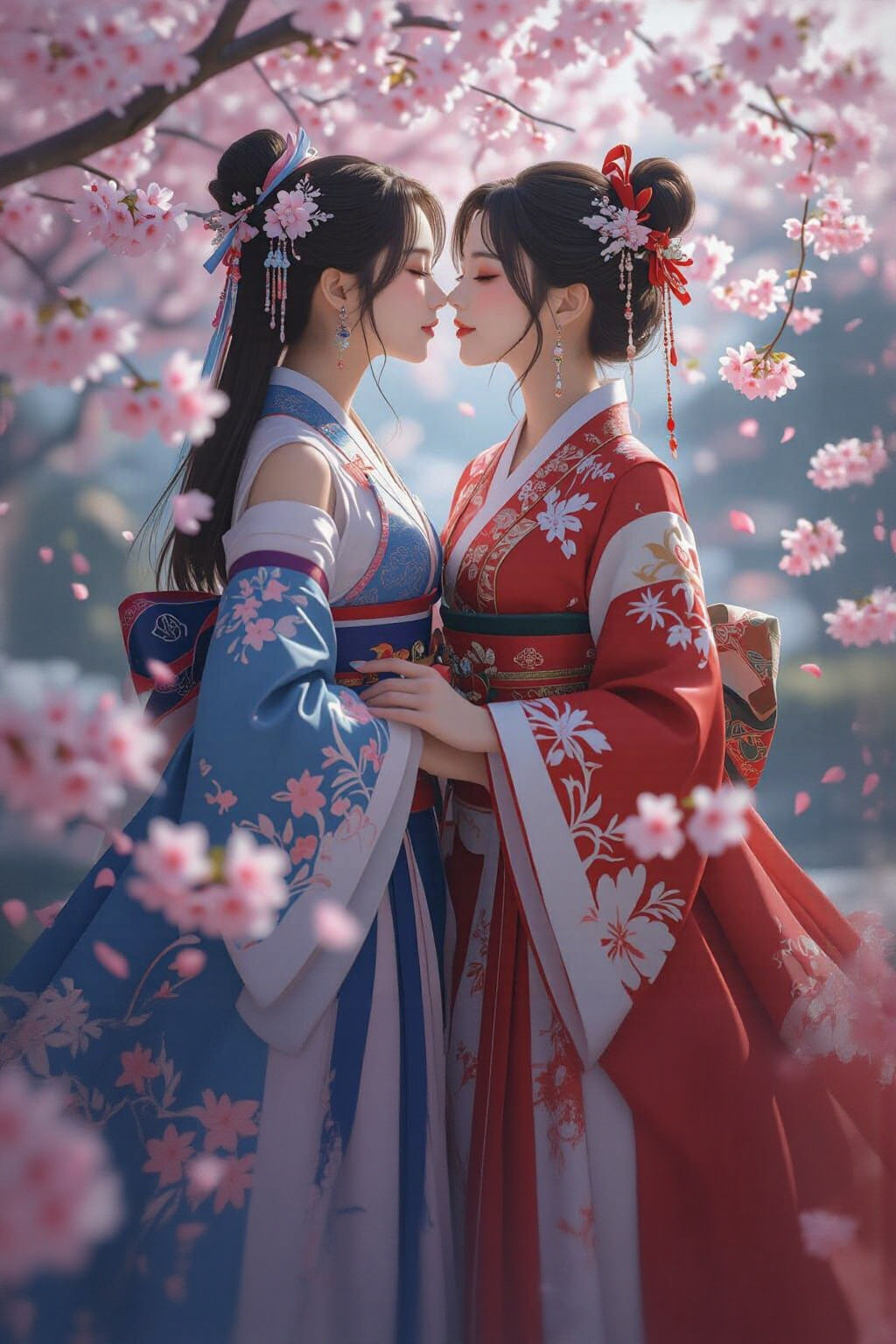 Two Beautiful Women Kissing in Anime Style