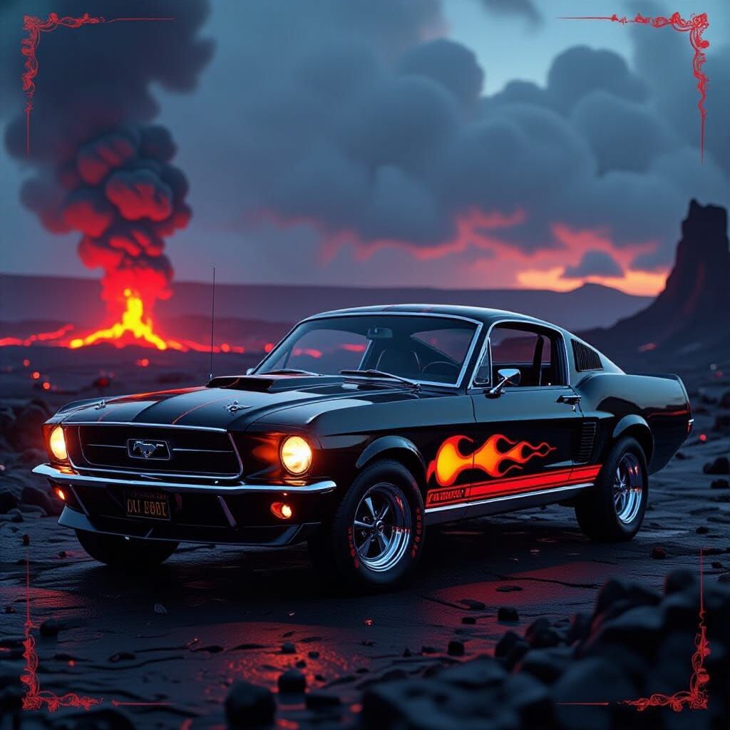 1967 Mustang Flames in Volcanic Landscape