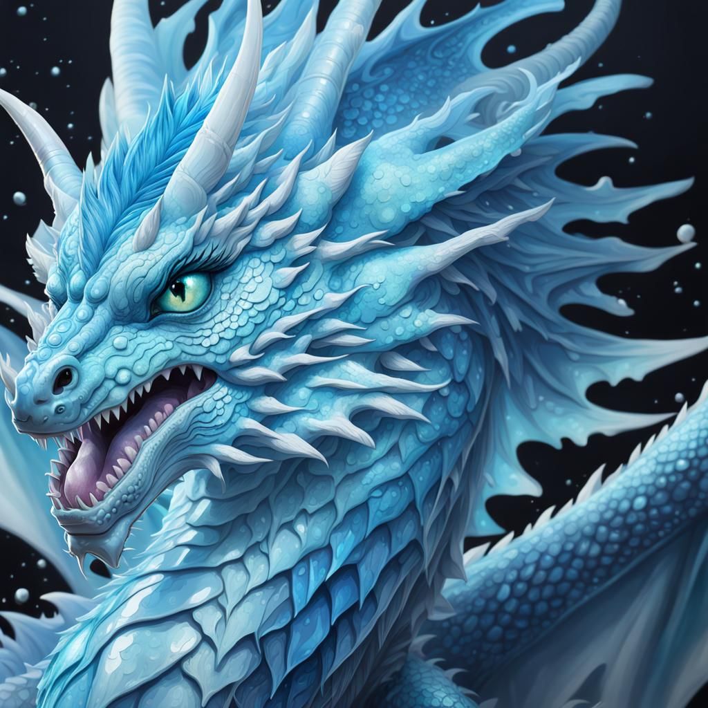 Icy blue ice dragon with pearlescent White highlights and pearlescent blue highlights and icy blue highlights and icy bl...
