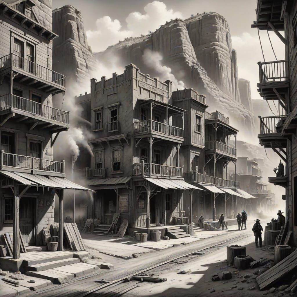 Detailed Charcoal Drawing of a Western Canyon City