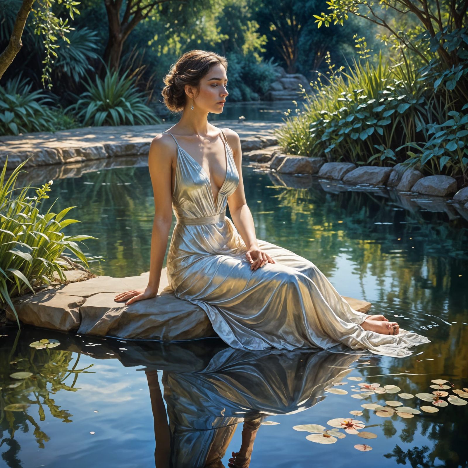 Elegant Woman Contemplates by Tranquil Pool in Gouache Impre...