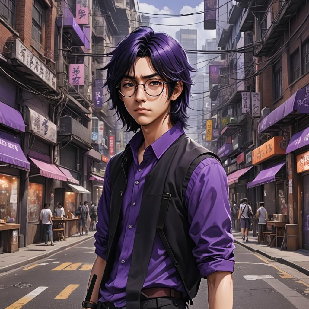 Anime-Style Male Character in Purple Streetwear