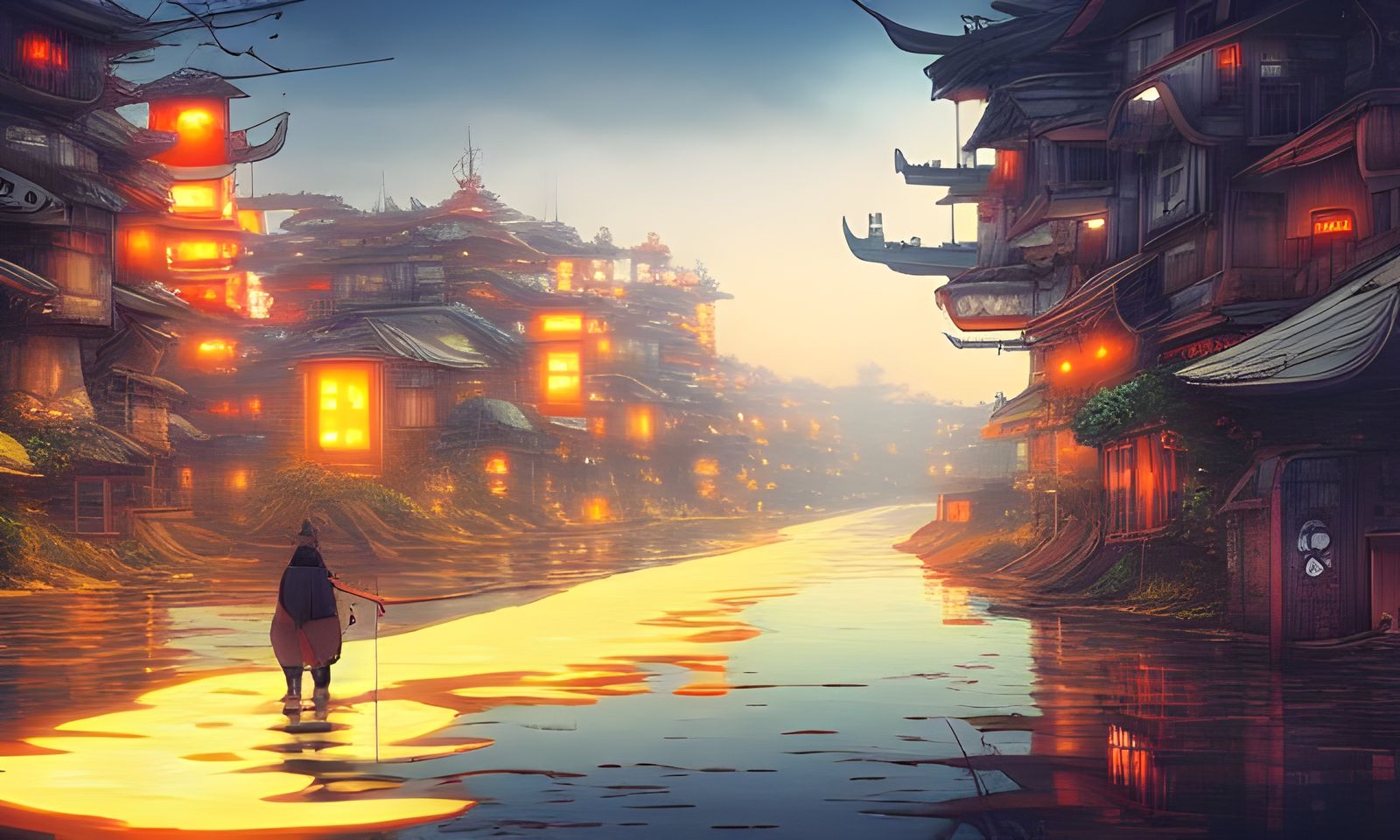 Cyberpunk Fishing Village in Anime Style