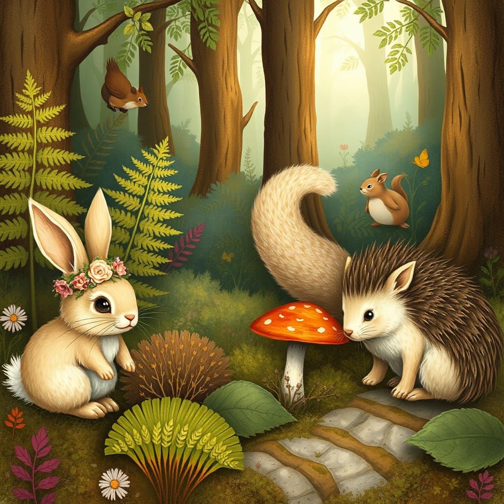 Whimsical Forest Scene with Adorable Creatures