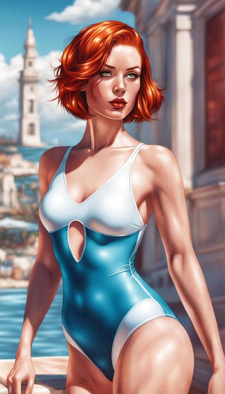 Redhead in Swimsuit: Hyperdetailed Comic Book Art