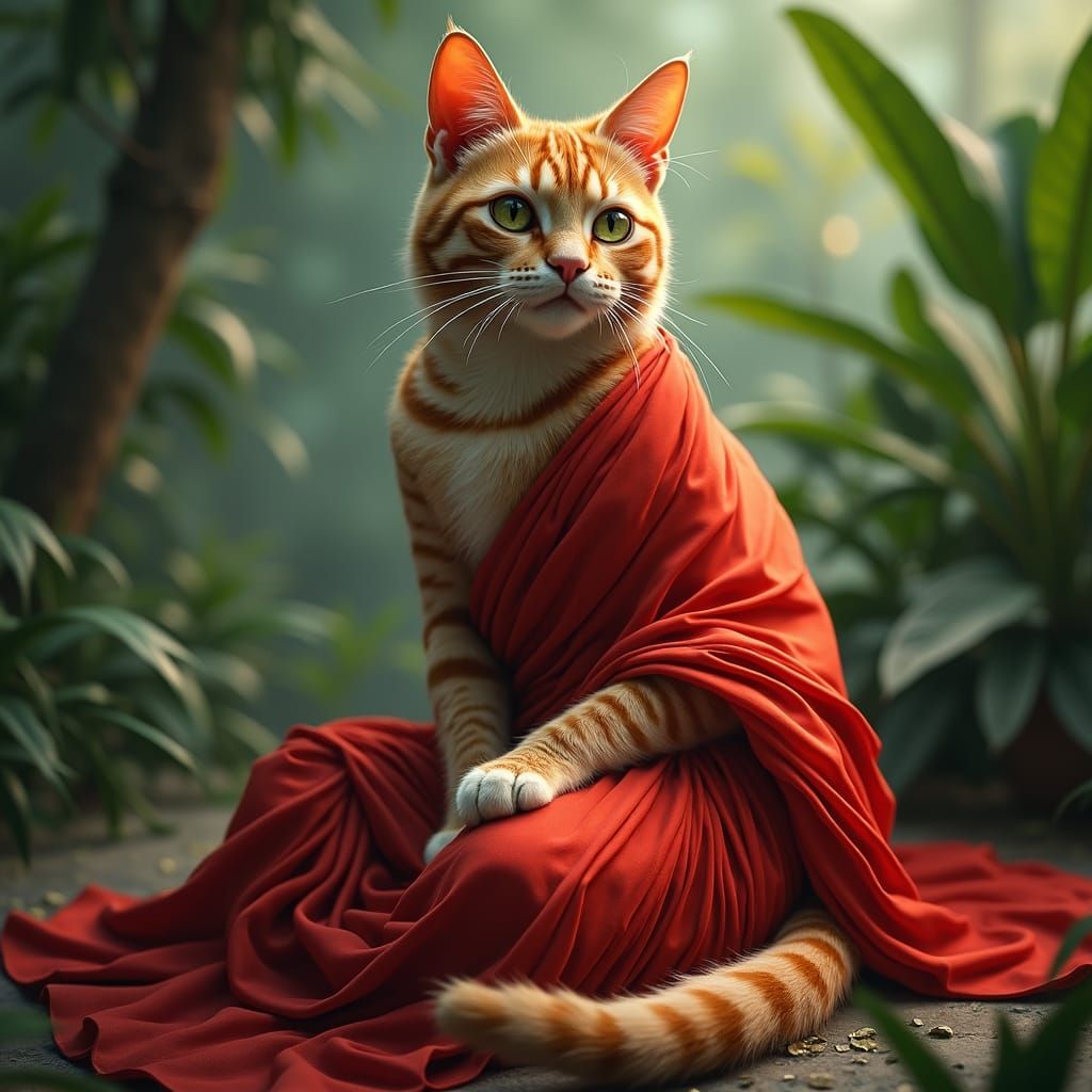 Cat in Red Saree: Fantasy Art in 8K