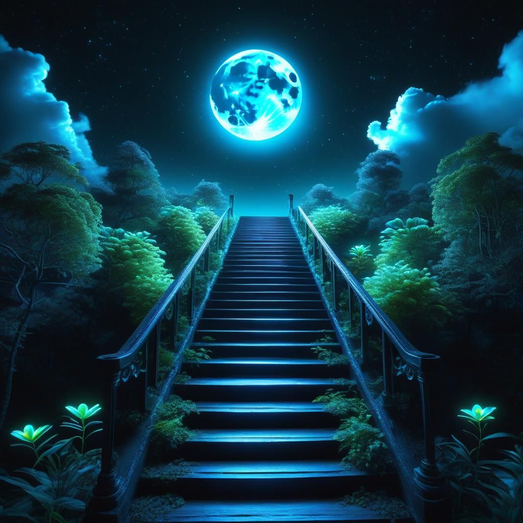 Neon Bioluminescent Stairway to the Moon