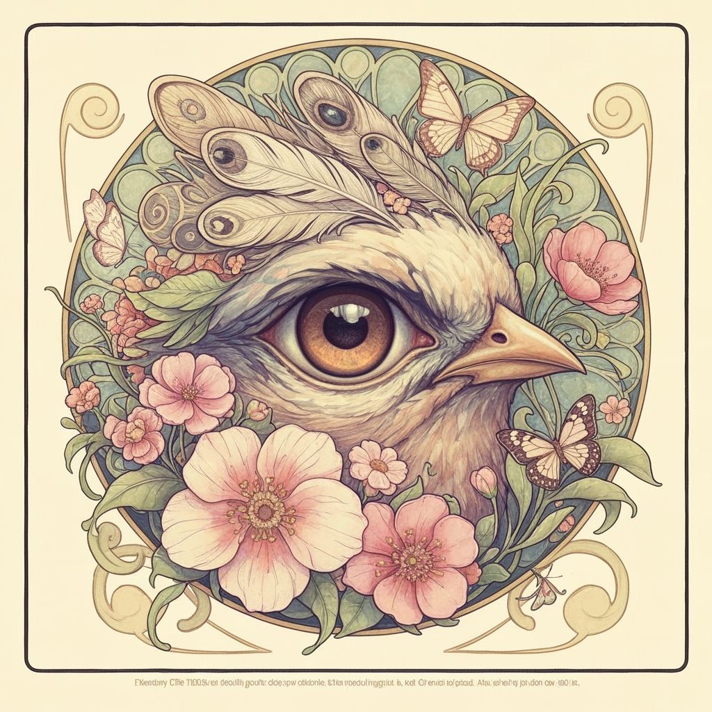 Art Nouveau Floral Bird's Eye with Butterflies in Watercolor