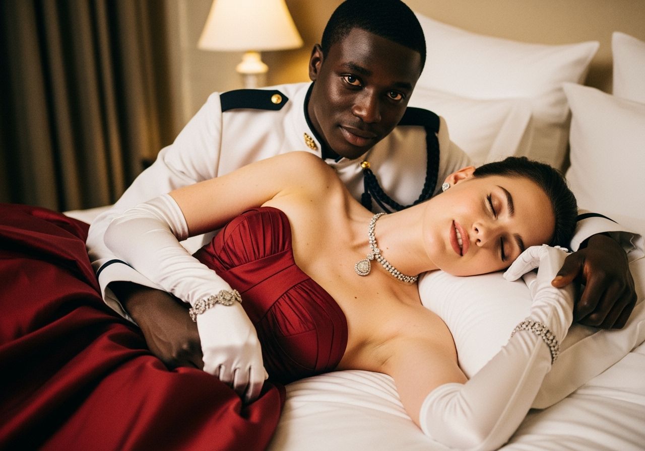 Countess in Red Gown Supported by Bell Boy