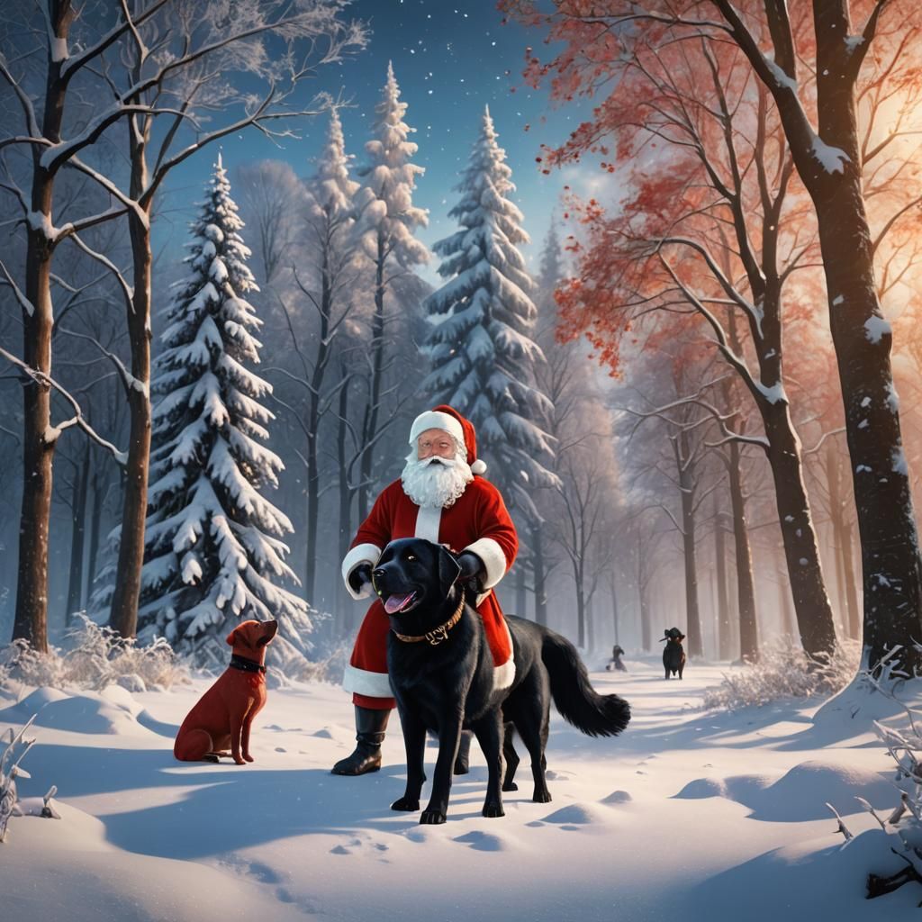 Santa Claus and Black Lab in Snowy Dreamscape