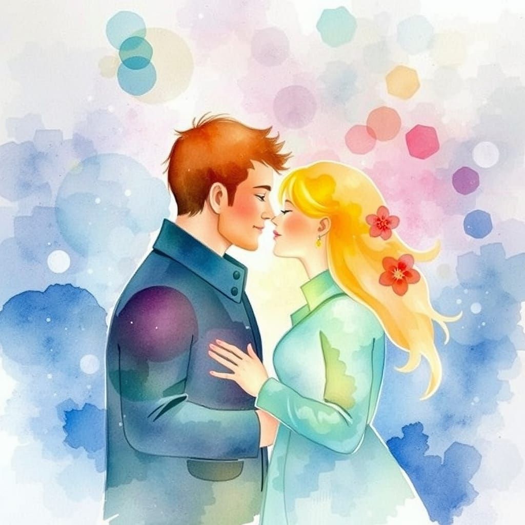 Couple Kissing in Colorful Rain, Watercolor Art