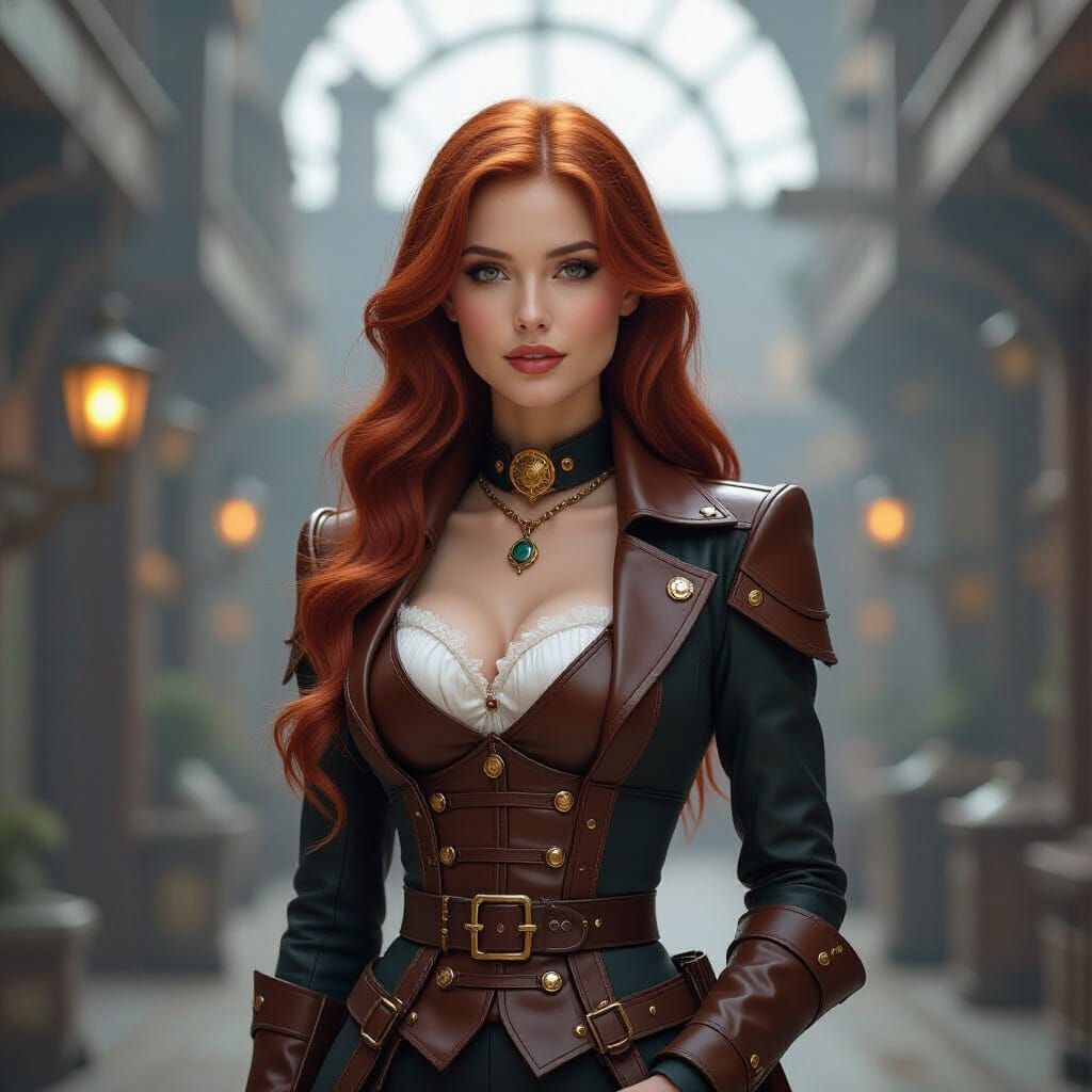 Steampunk Woman with Red Hair in Victorian Setting