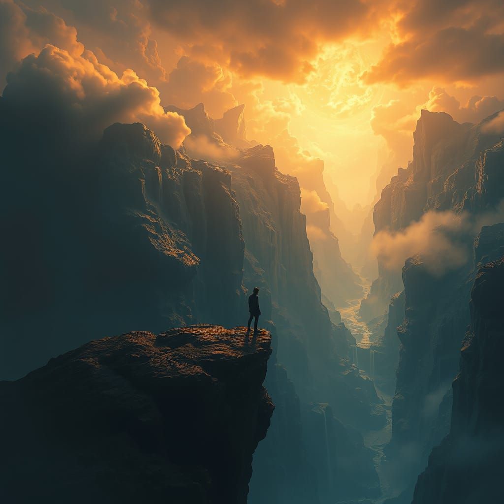 Surreal Figure Contemplates the Mystical Void in Vibrant, Fa...