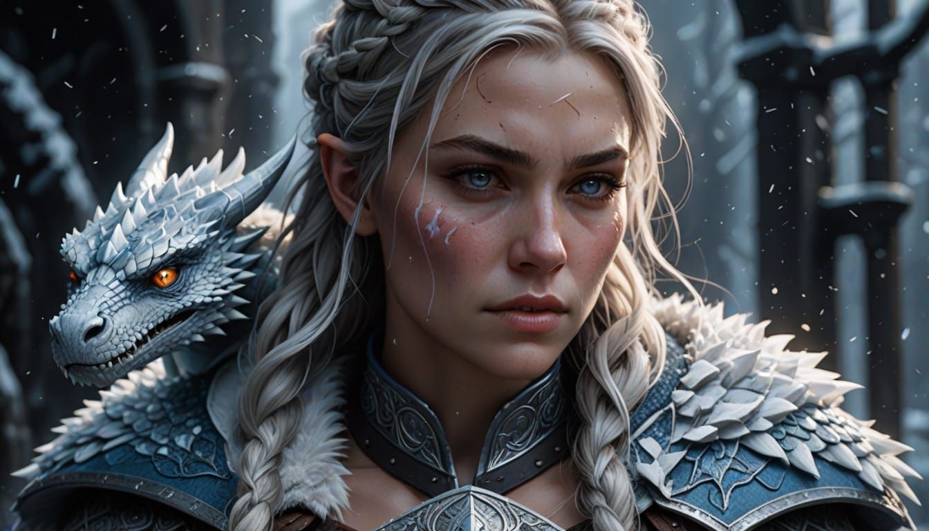 Viking Woman with Tiny Dragon, Detailed Digital Art